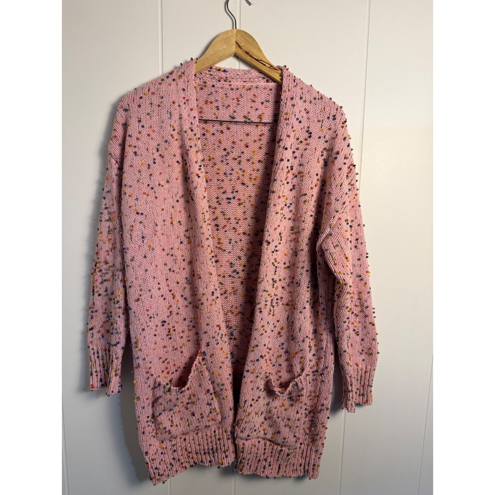 Soft Girl Whimsy Confetti Popcorn Knit Cardigan OS Pink Multi Color Open Front